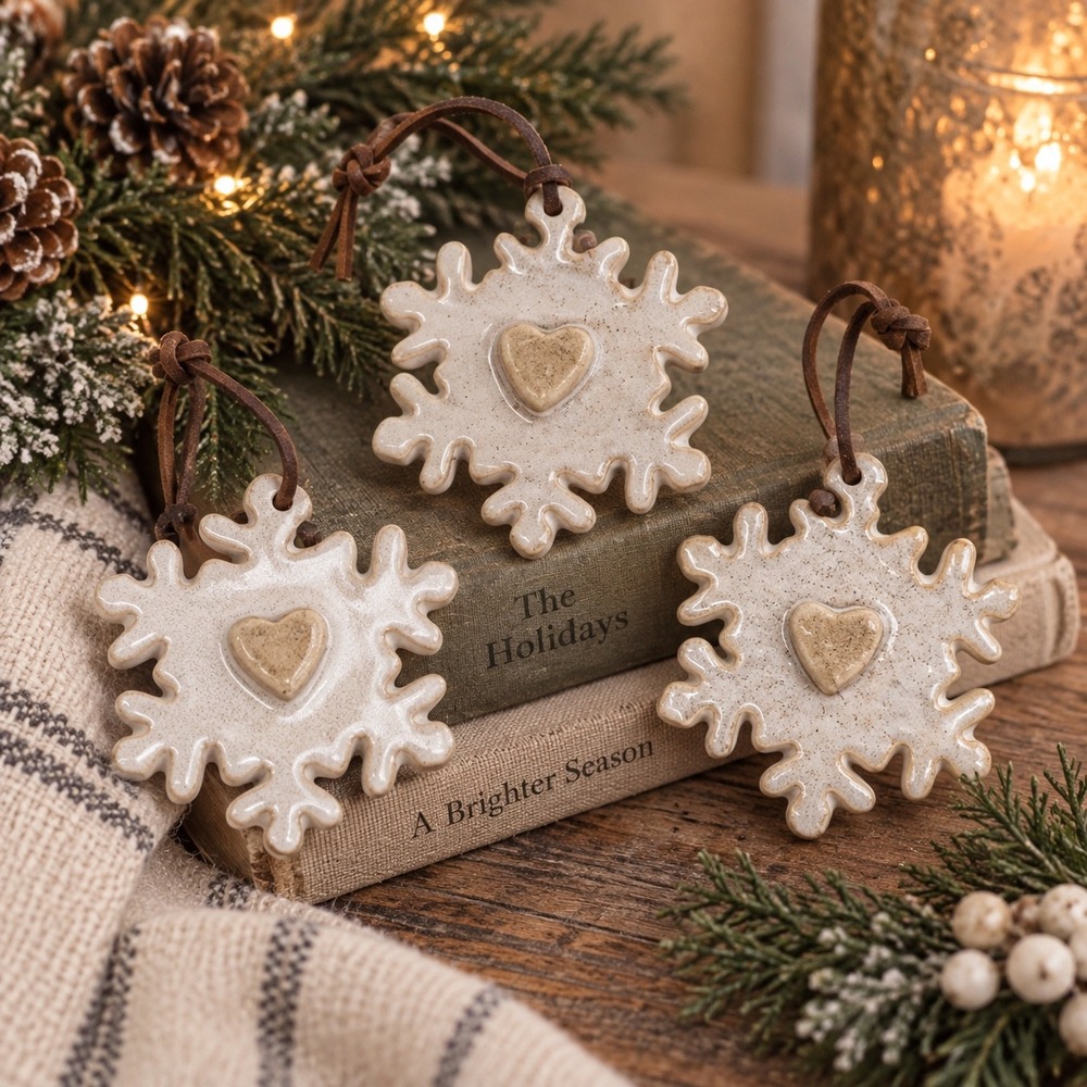 Demdaco Ceramic Snowflake Heart Ornaments Set of 3 White Speckled Glaze Leather